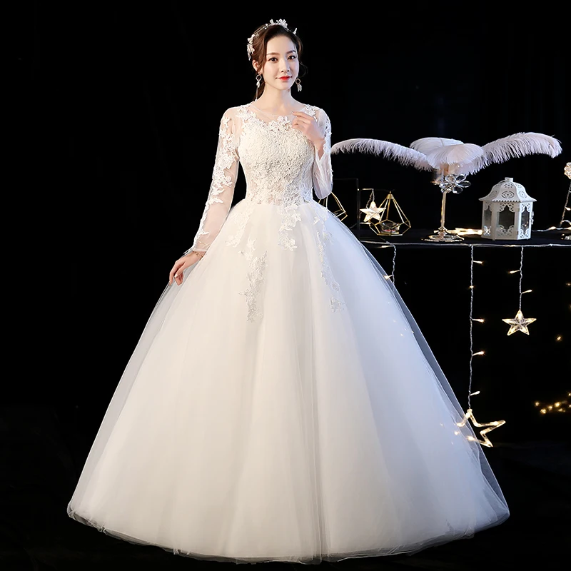 Новое винтажное свадебное платье с круглым вырезом и длинным рукавом, благородное кружевное платье с аппликацией, приталенное свадебное платье в пол