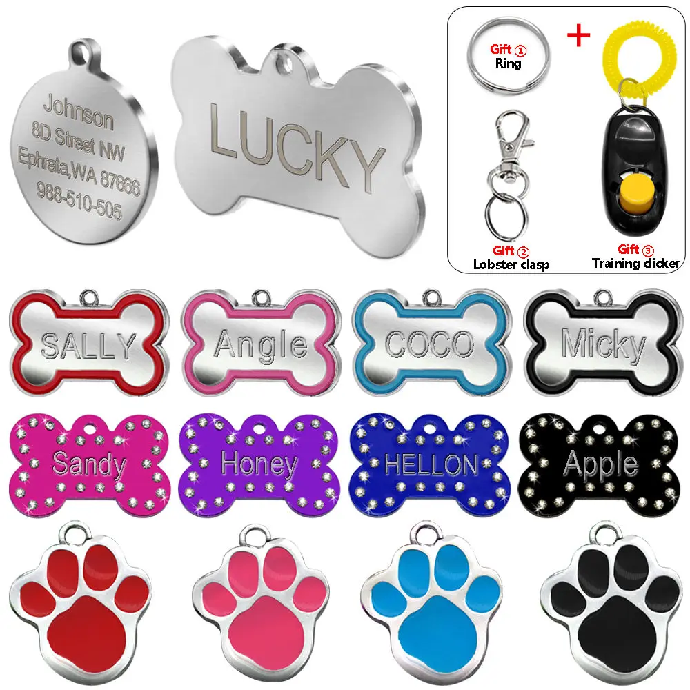 Engraved Pet Dog Tags Custom Cat ID Name Tags for Pets Personalized Paw Bone Shape FREE Gift S L