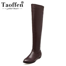 Taoffen размер 34-48, новое Дамские туфли из pu искусственной кожи Сапоги выше колена модные ботинки на молнии Зимняя обувь на меху Для женщин на плоской подошве; обувь с круглым носком