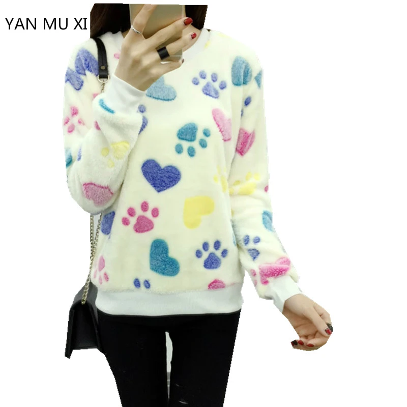 

YANMUXI 2017 Fashion LOVE footprints harajuku high quality hoody sweatshirt for Women soft Flannel pullover tops Winter clothes
