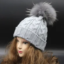 Зимняя шапка с помпоном из натурального Лисьего меха, шапочки для женщин и детей, детская утепляющая одежда, шерстяные шапки Skullies H3