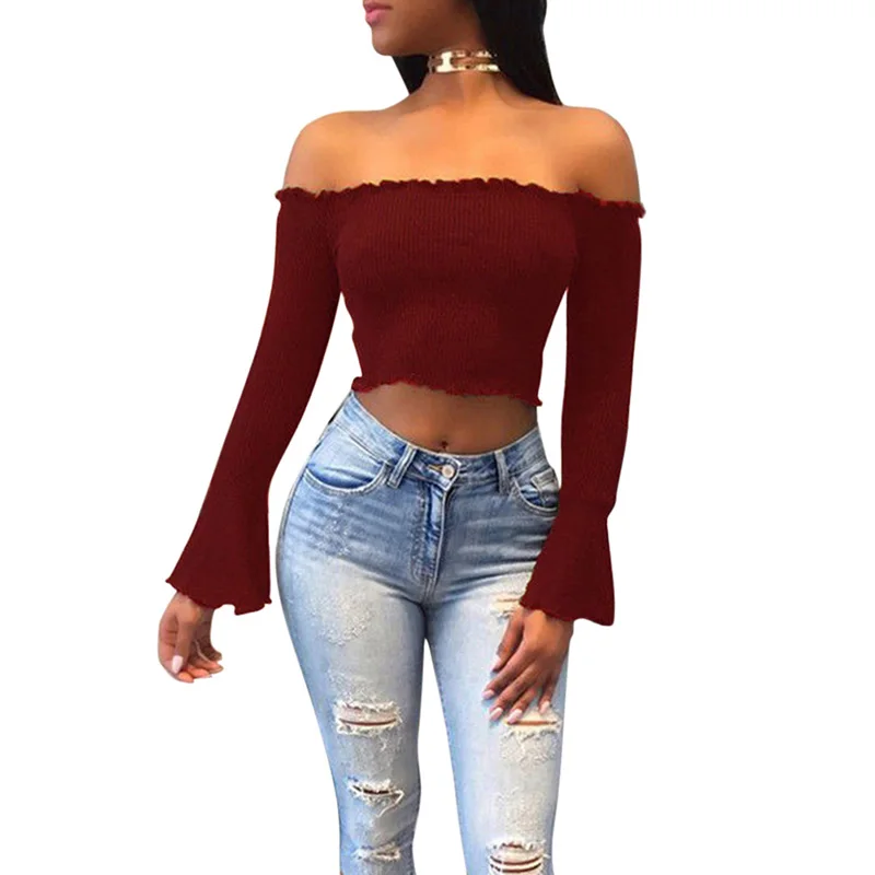 

Droppshiping Autumn Winter Women Sexy Crop Top Long Sleeve Off Shoulder T-shirt Solid Color Lady Elastic Slim Tee Shirts dg88