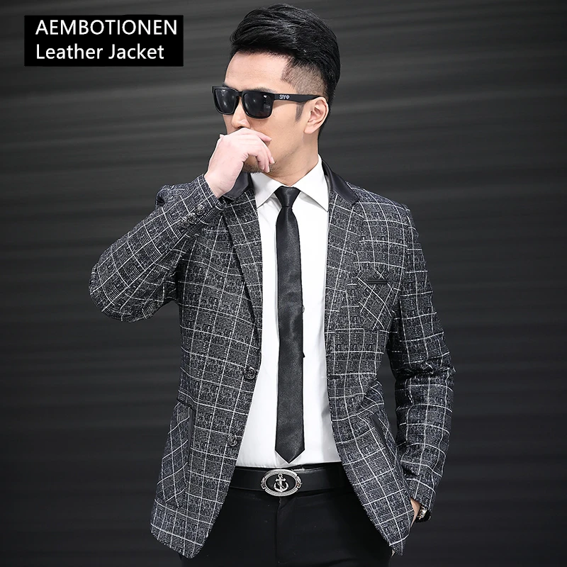 High Grade Business Men Leather Jacket Plaid Suit Collar Slim Casual Sheepskin Leather Genuine Leather Coat Men's Leather Blazer
