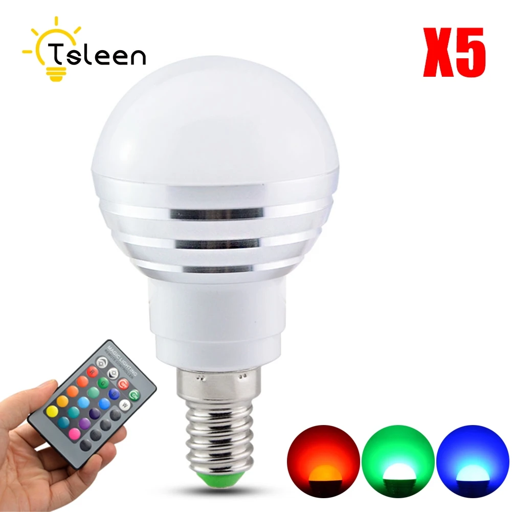 

TSLEEN 5x Colorful Lampada Led Lamp E14 RGB Led Bulb 3W 5W LED E27 Energy Saving KTV Light Dimming 360 Degrees Kerst Decoratie