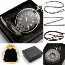 Ретро полые карманные часы Подарки Наборы Черный римские цифры резьба лицо кварцевые часы Fob часы костюмы подарок для мужчин женщин друзей