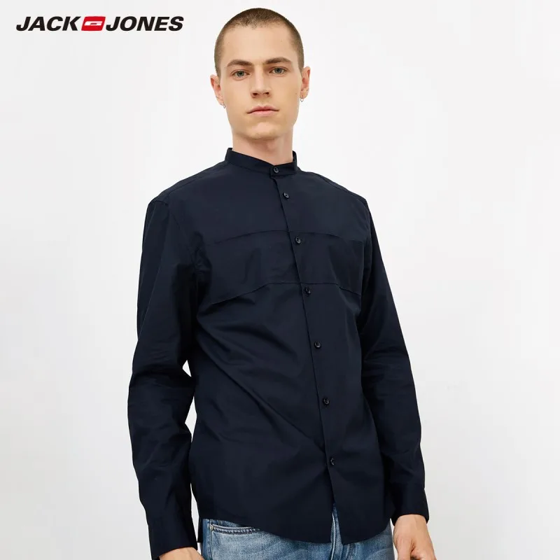 JackJones Мужская хлопковая Повседневная рубашка с воротником-стойкой с длинными рукавами Мужская одежда | 218305520 - Цвет: MIDNIGHT