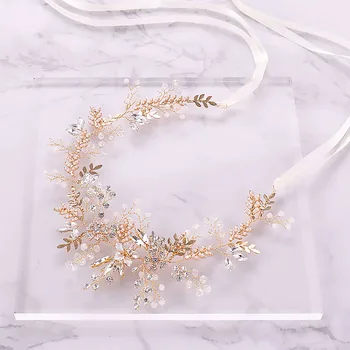 

FORSEVEN Gold Color Rhinestone Crystal Bride Headband Pink Flower Leaf Tiara Crown Headpiece Wedding Hair Jewelry Accessories JL