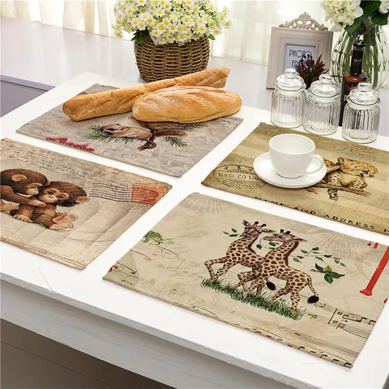 Linen Table Mats Western Bowl Pad Non-slip Animal Pattern Placemats For Dining Kitchen Decorate Table Coaster