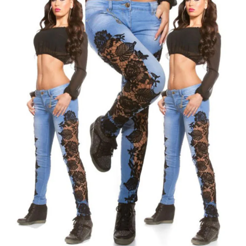 Fashion Sexy Women Lace Stretch Denim Slim Skinny Jeans Ladies Trouser