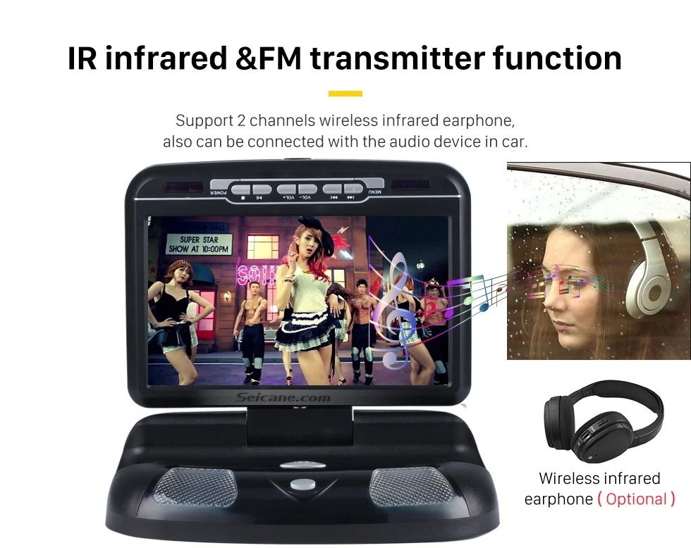 Seicane9 дюймовый автомобильный монитор на крыше, светодиодный цифровой экран, dvd-плеер с 3 ИК-ушками, fm-передатчик, откидная поддержка, 32 бита, игра