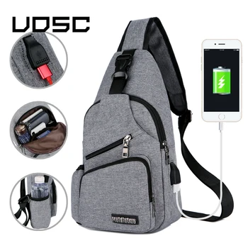 

UOSC Chest Bag Men With Side Bottle Pocket Canvas Sling Bag Shoulder Satchel Large Crossbody USB Charing Bag 2019