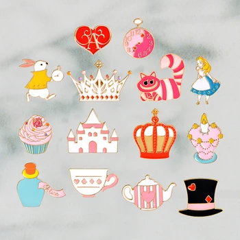 

14pcs/set Cute Girls Gift Fairy Tale Alice in Wonderland Pin Brooch Palace Crown Teapot Cup Hat Enamel Badge Cute Girl Jewelry