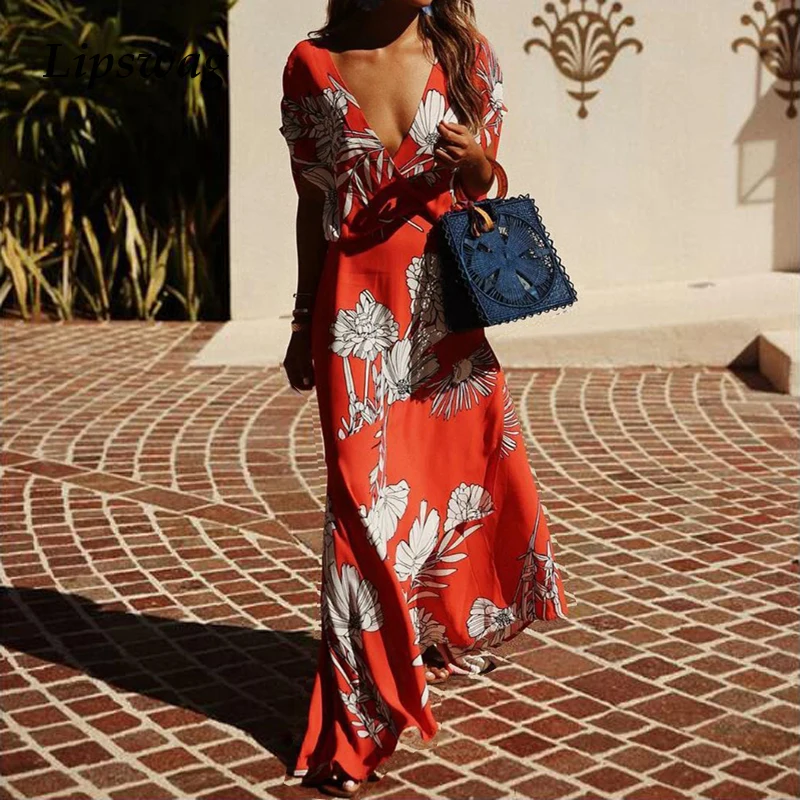 

Lipswag 2XL Sexy Floral Print Beach Maxi Dress Women 2019 Summer V-neck Short Sleeve Boho Dresses Elegant Long Party Dress Femme