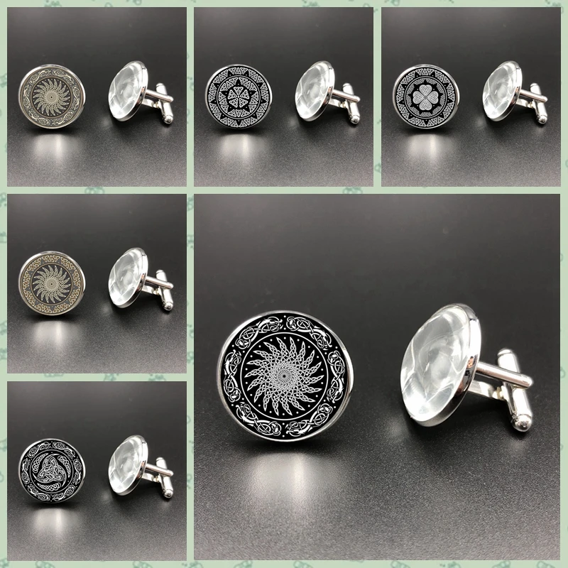 

Sacred Geometry Rule Cufflinks Celtic Round Pattern Glass Tie Bar Luxury Brand Shirt Men's Cufflinks High Quality Gifts for Men