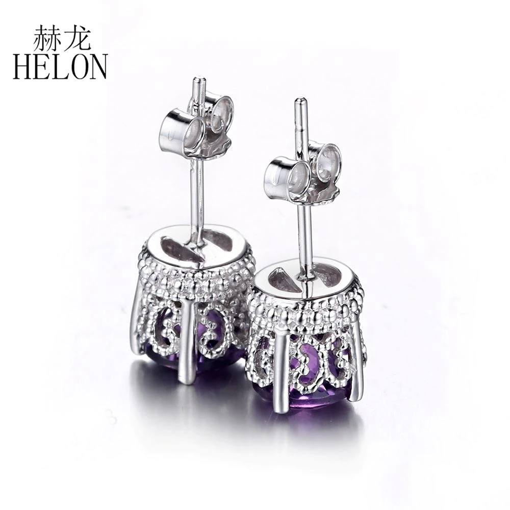 

HELON Art Deco Amethyst 6.5mm Round 925 sterling silver Earrings Engagement Wedding Party stud earrings for women Jewelry