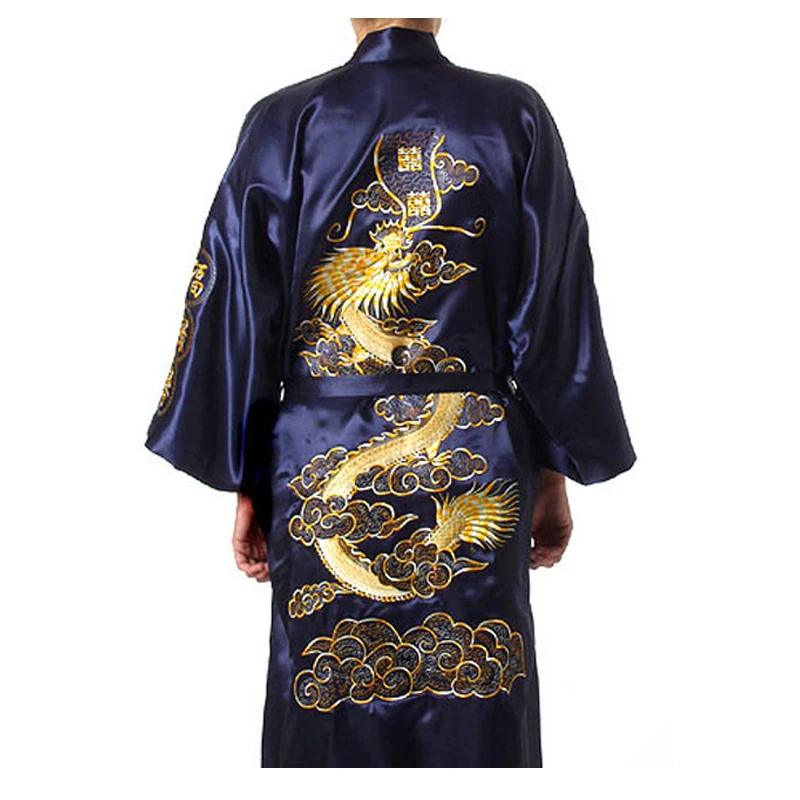 Plus Size XXXL Black Chinese Men's Embroidery Dragon Robes Traditional Male Sleepwear Nightwear Kimono Bath Gown With Bandage 