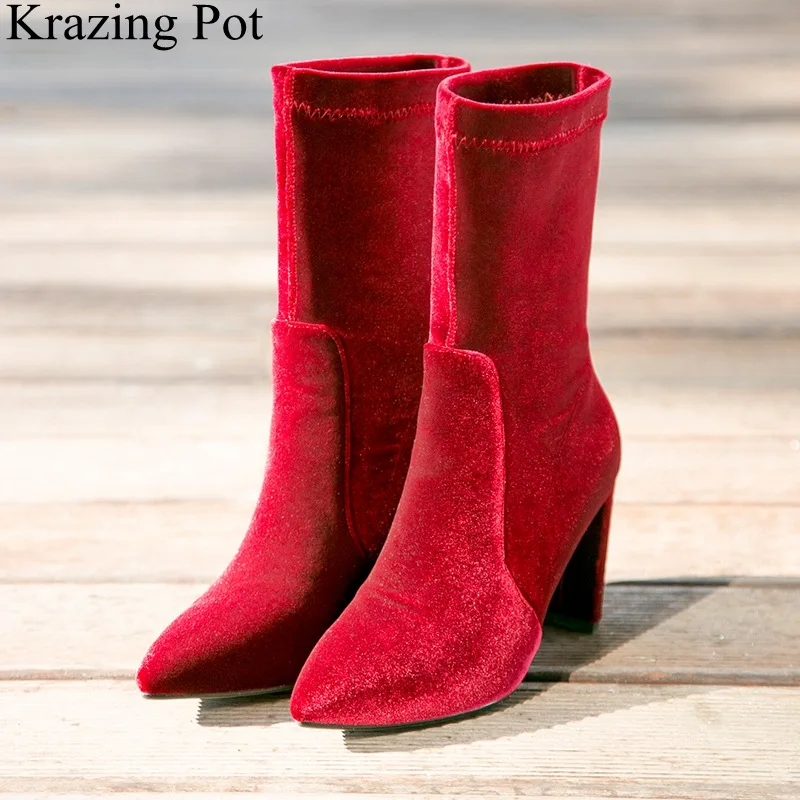 

2018 new arrival pointed toe velvet mid-calf boots elegant brand square heel strech boots solid party keep warm winter shoes L60