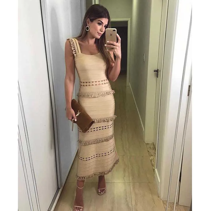 

Wholesale 2019 New woman's dress fashion luxurious tassel elegant temperament celebrity Boutique cocktail party bandage dress