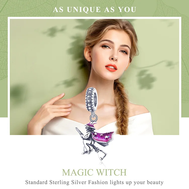 BAMOER Authentic 100% 925 Sterling Silver Magic Witch Pendant Charms fit for Women Bracelets DIY Jewelry Halloween Gift SCC914 couple rings