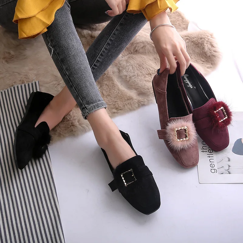 

square toe metal buckle flat shoes woman designer mink fur decoration moccasins warm plush winter shoes woman slip on loafers 11