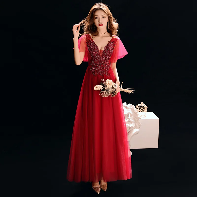 Китайский стиль элегантное вечернее платье на бретелях, с открытыми плечами платье трапециевидной формы на шнуровке платья для вечеринки с аппликациями Размеры S-XXL - Цвет: Burgundy  2