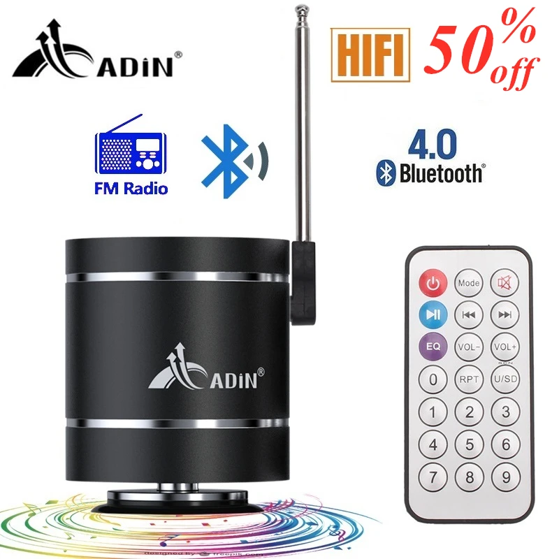 Comprar Adin 15W metal vibración altavoz inalámbrico bluetooth fm radio HiFi bajo 3D estéreo envolvente TF Subwoofer altavoces Control remoto