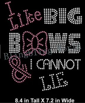 

Free shipping hotfix Rhinestone Bling Iron-On Transfer Shirt Applique I Like Big Bows Motifligh pink with white clear crystal