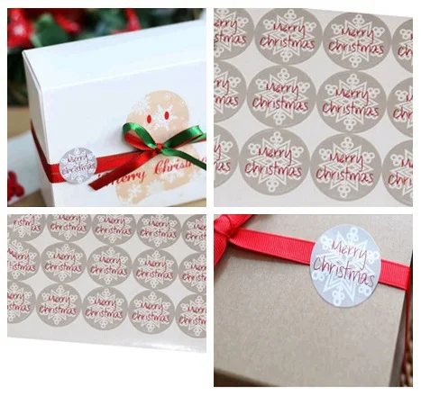 60pcs Merry Christmas Snowflake Stickers Round 3.5CM Gift Packing Kraft Paper Label For Baking Package Box/Bags/Cup Seal Label