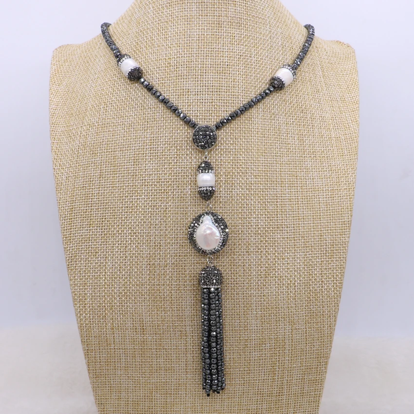 Natural hematite beaded necklace long tassel pendant necklace with natural pearls hematite necklace 1678 Natural hematite beaded necklace long tassel pendant necklace with natural pearls hematite necklace 1678
