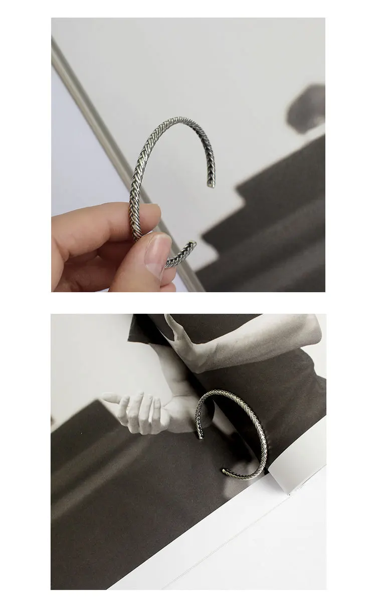 Ретро 925 Стерлинговое Серебро крученый браслет браслеты для женщин pulseras mujer, винтажный разомкнутый жесткий браслет 925 ювелирные изделия