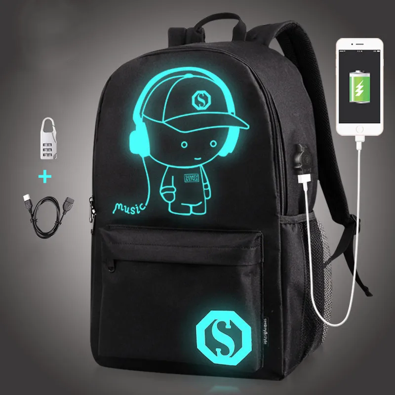 Модный рюкзак для студентов, ночная анимация, школьная сумка для мальчиков и девочек, рюкзак для ноутбука с USB зарядкой