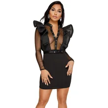New 2018 Sexy Mesh Patchwork Bodycon Bandage Dress Women Ruffle Sleeve Backless Party Dress Robe Femme Deep V Neck Club Dress New 2018 Sexy Mesh Patchwork Bodycon Bandage Dress Women Ruffle Sleeve Backless Party Dress Robe Femme Deep V Neck Club Dress