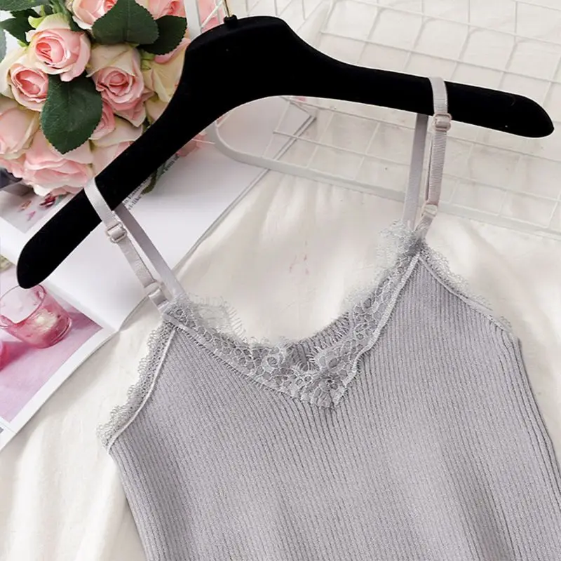 Womens Summer Spaghetti Straps Tank Top Ribbed Knitted Solid Color Sexy Eyelash Lace Trim Camisole V-Neck Basic Underwear Vest