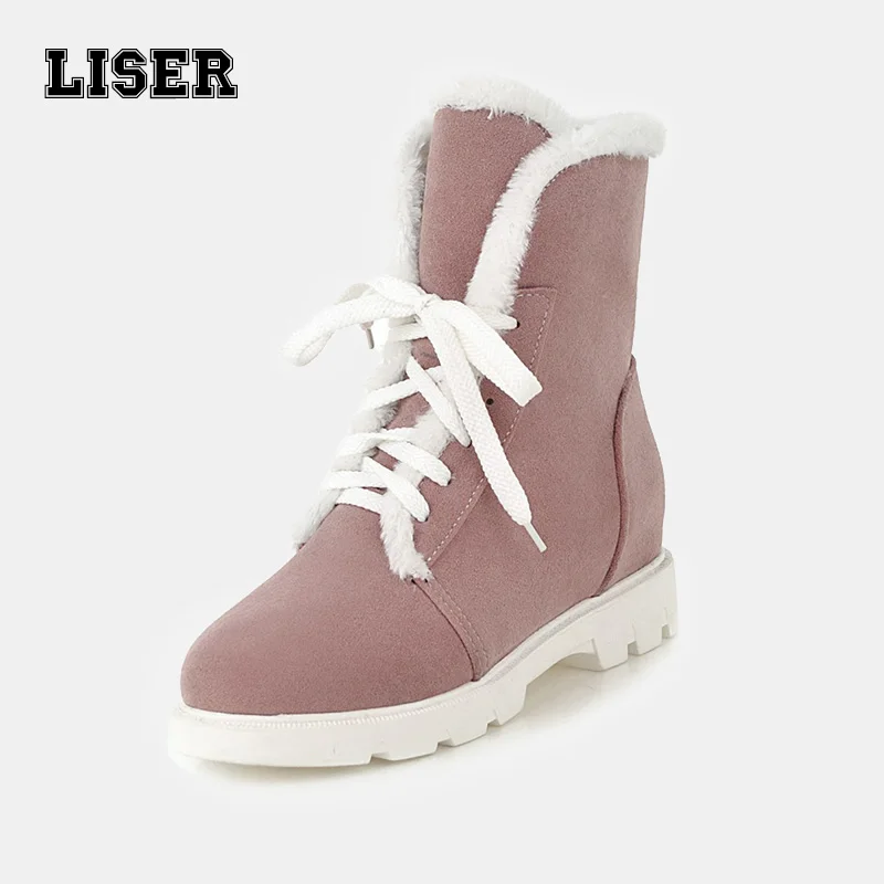 

women ankle snow boots lace up round toe hoof heels heightening inner side zipper turned over fur shoes cute warm winter jogging