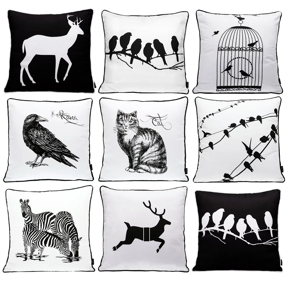 Us 11 54 23 offanimals bird deer stag zebra cat cushion covers black and white birds cage sketch cushion cover decorative sofa seat pillow case in