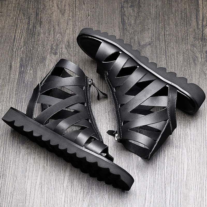 Черные модные летние сандалии из натуральной кожи в римском стиле, мужские сандалии с высоким голенищем, пляжные сандалии на молнии