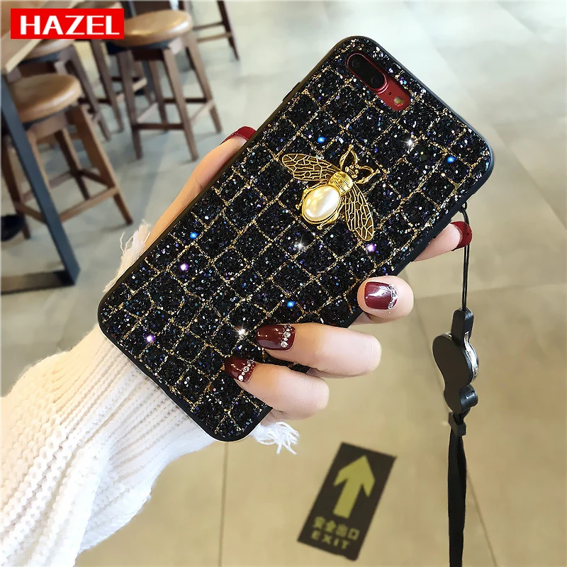 

Luxury Metal 3D Metallic Pearl Bee Bling Glitter Phone Case for iphone X 8 7 Plus 6 6s plus New Fashion Cover for iPhone 8 Coque