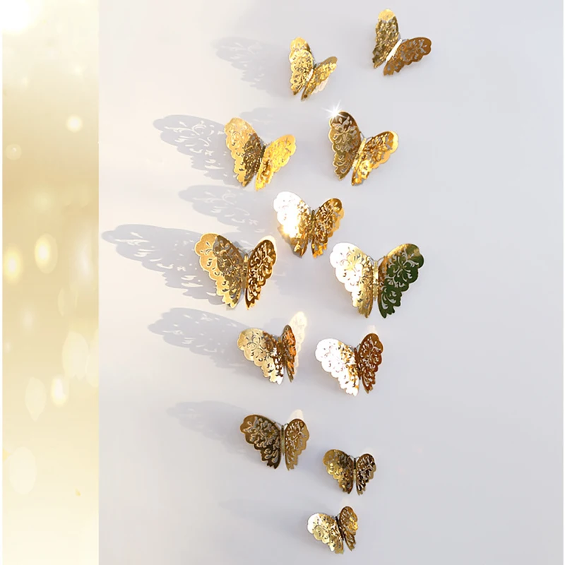 12 шт 3D двухслойная Бабочка Наклейка на стену для домашнего декора DIY бабочки магнит на холодильник наклейки для украшения комнаты - Цвет: 12pcs golden A