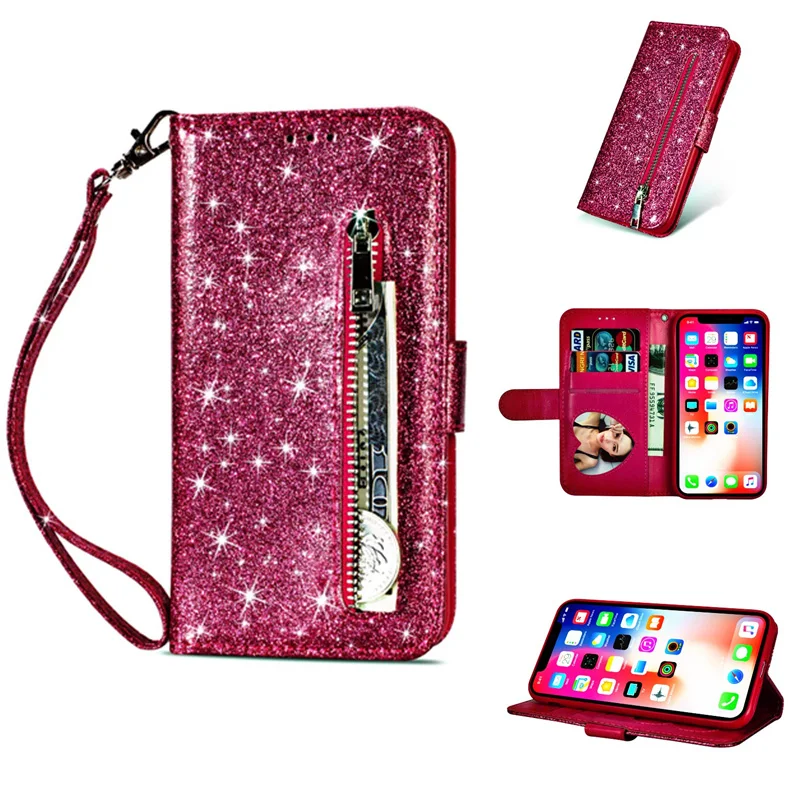 Для iPhone X 8 7 Plus чехол блестящий кошелек с держателем для карт XR XS Max 6 6S Fundas Bling Women