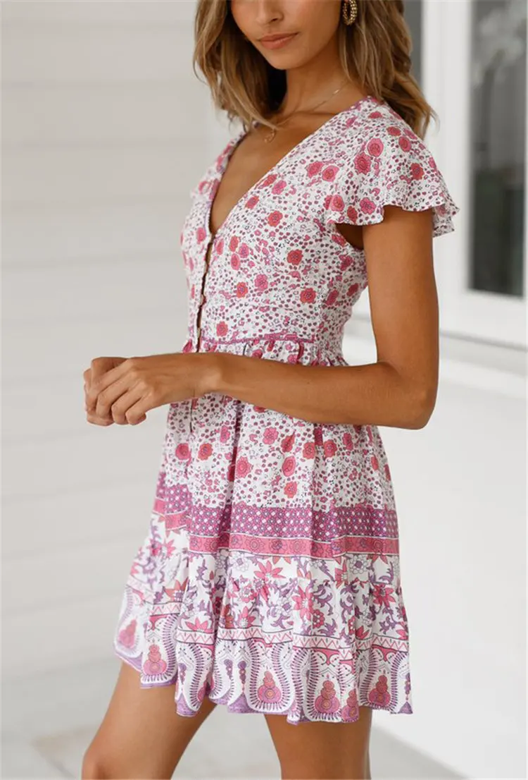 Gladiolus Fashion Summer Women Dress Short Sleeve Button Deep V Neck Sexy Floral Print Mini Boho Dress 2019 Ladies Beach Dresses (28)