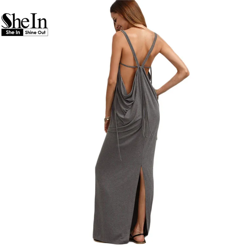 Buy Cheap SheIn Womens Sexy Long Dresses Summer Ladies Plain Grey Sleeveless V Neck Backless Cut Out Split Shift Maxi Dress