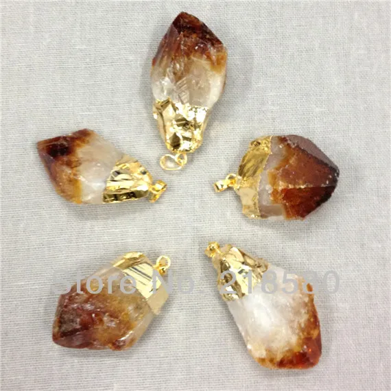 

H-CCP01 10pcs Raw Rough Crystal Quartz Citrin e Point Pendant 24k Gold Color Natural Stone Charm