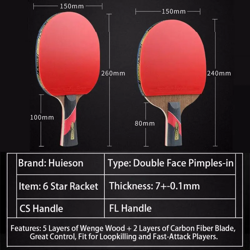 Huieson 6 Star Table Tennis Racket Wenge Wood& Carbon Fiber Blade Sticky Pimples-in Rubber Super Powerful Ping Pong Racket Bat