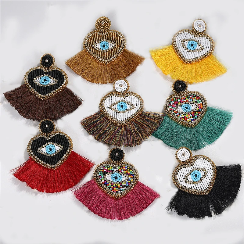 Ethnic Beaded Heart Eye shape Tassel Statement Earrings Jewelry Bohemian Vintage Chic Birthday Gift Drop Earring for Women