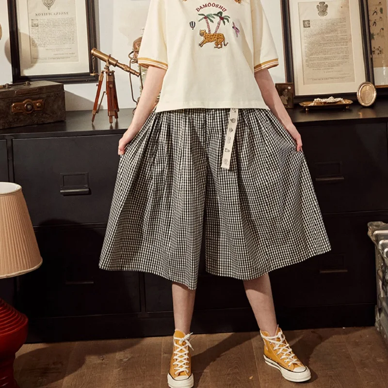 Летние новые японские Свободные клетчатые брюки пояс для юбки женские с высокой талией на молнии миди длинные юбки мода Harajuku одежда