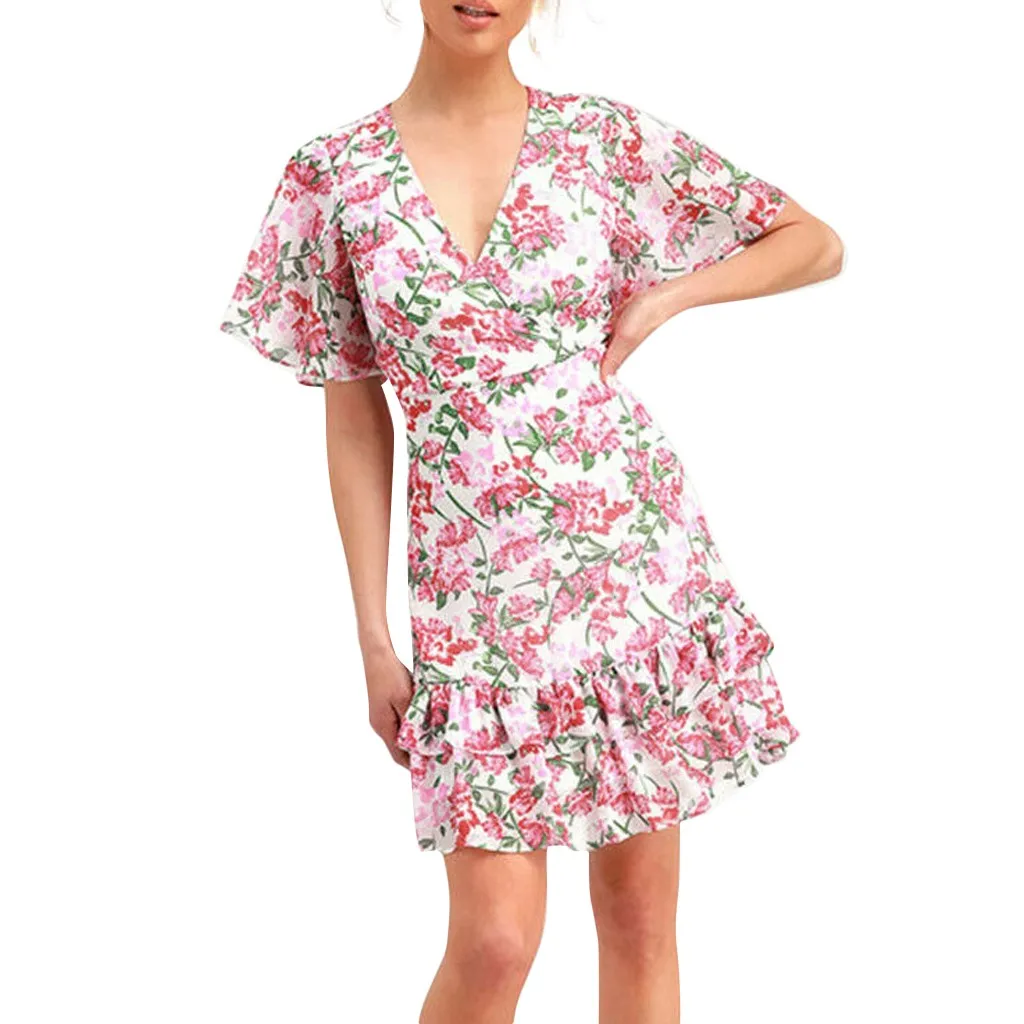 Женское короткое платье с цветочным принтом Boho повседневное мини коротким