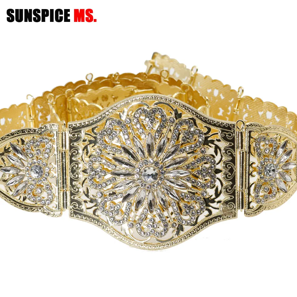 

SUNSPICE-MS Elegant Morocco Crystal Caftan Belt Gold Color Metal Rhinestones Waist Chain For Women Wedding Dress Body Jewelry