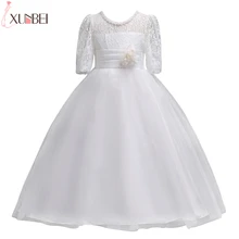 Милые белые кружевные платья с цветочным узором и короткими рукавами для девочек; коллекция года; нарядные платья для девочек с поясом; платья для первого причастия для девочек