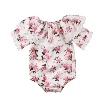 

Infant Newborn Baby Girls Romper Short Sleeve Pink Floral Print Toddler Peter Pan Collar Jumpsuit Baby Girls Clothes