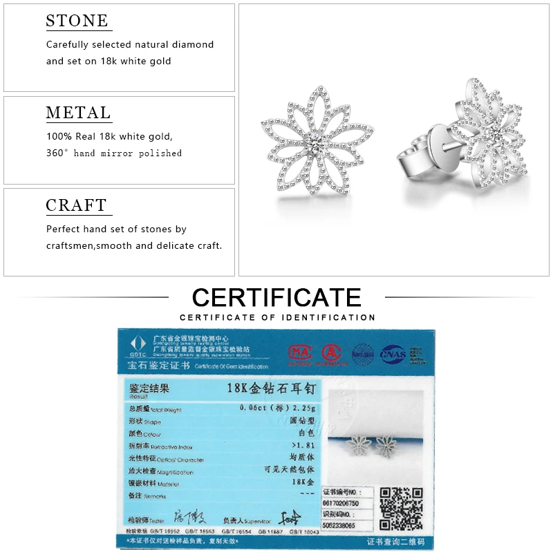 EDI Genuine Natural 0.06cttw Diamond Real 18k White Gold Stud Earrings For Women Wedding Fine Jewelry